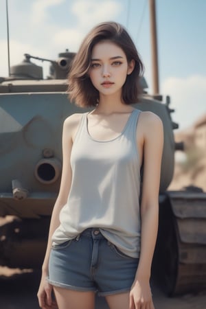 Beautiful woman wearing a tank top, analog photograph, professional fashion photoshoot, hyperrealistic, masterpiece, trending on artstation,krrrsty