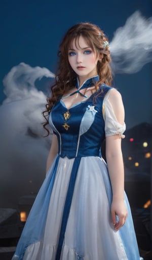 Veronika-inspired cosplayer posed against a dark, misty backdrop, donning a striking costume that mirrors the anime character's iconic attire. The model's long, curly brown hair cascades down her back as she gazes wistfully into the distance, her pale blue eyes gleaming with an air of mystery. Soft, ethereal lighting casts a warm glow on her porcelain skin, while the subtle misting effect adds depth and atmosphere to the scene.