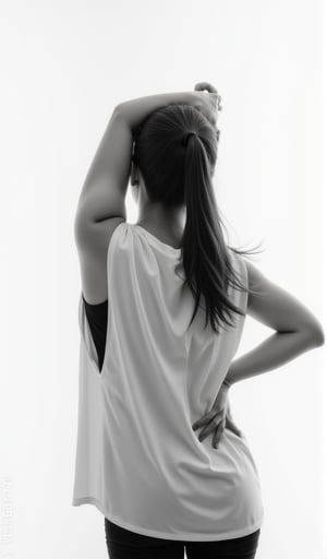 Captured in a black and white monochromatic shot, a woman stands with her back to the camera, her left arm raised above her head, her right hand resting on her hip. She is wearing a sleeveless blouse with a black t-shirt underneath it. Her hair is pulled back in a ponytail, adding a touch of movement to her face. The backdrop is a stark white, with a watermark in the bottom left corner of the frame.