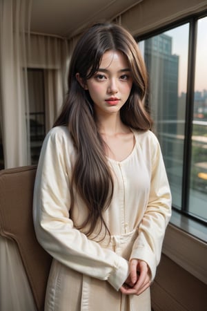 A beautiful woman with long hair, wearing beige and applying makeup in front of the mirror at home, photorealistic, taken using a Canon EOS r5, 80mm f/2 lens, f4 aperture, shutter speed 3.6s, ISO 700, with soft natural light from the window, in the style of natural light portraits --ar 1:2 --stylize 750