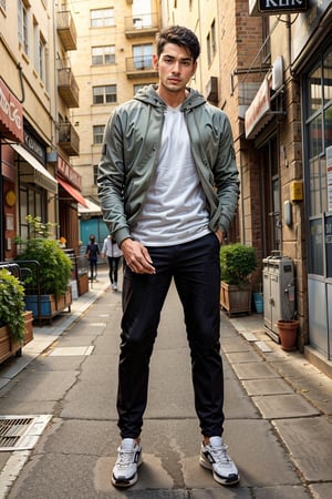 solo, short hair, black hair, 1boy, standing, jacket, full body, male focus, outdoors, shoes, day, pants, hood, hoodie, black pants, white footwear, hood down, building, sneakers, hands in pockets, white hoodie