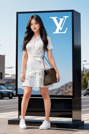 1girl, solo, long hair, black hair, dress, standing, full body, shoes, bag,louis vuitton bag, white footwear, sneakers, magazine background, ((((on digital billboard)))), 