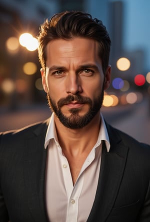 A close-up shot of a confident-looking male model, standing in front of a sleek, modern cityscape at dusk. The warm glow of streetlights casts a flattering light on his chiseled features and piercing blue eyes. His strong jawline and defined cheekbones are highlighted by the golden hour's soft hues. He wears a tailored suit with a crisp white shirt, exuding sophistication and charm.