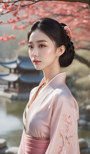 qinxuan flower,1girl\(Eyes\(Deep amber,crystal clear,long and delicate eyelashes\),Nose\(Elevated,with a slightly upturned nose tip\),Lips\(Rosy color, with a defined lip line\),Hairstyle\(Black hair,smooth and shiny,slightly wavy at the ends\),Skin\(Fair,blemish-free,as delicate as porcelain\),Clothing,hanfu,pink,a thin belt at the waist,a flowery skirt with a wide hem\),Fabric\(Lightweight silk,smooth and shiny\),Craftsmanship\(Exquisite, with clean-cut lines on the neckline, sleeves, waist, and skirt hem, and well-designed layered pleats\),Posture\(Straight back,walking confidently and gracefully,light and graceful gait\),walking on the stone path,face to viewer,look at viewer,floating hair,outdoor,(upper body))
dfsy,Background\snow,chinese landscape\(pagoda and trees,lake,traditional pavilion,chinese architecture,architecture,building,bridge\),sky,forest,lake\),
masterpiece,best quality,unreal engine 5 rendering,movie light,movie lens,movie special effects,detailed details,HDR,UHD,8K,CG wallpaper