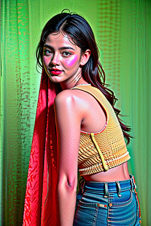 flat illustration of beautiful young woman weared in casual cute outfit, background and drawning in Tim Berton style, close interweaving of realism and symbolism in cyberpunk style, pale neon lighting, dark shadows. aesthetic and beautiful picture, winner of various awards, trending on popular magazines, creative masterpiece, @imageized