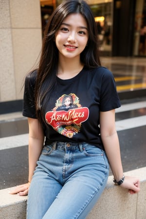 1girl, solo, long hair, looking at viewer, smile, shirt, black hair, jewelry, sitting, short sleeves, pants, dark skin, bracelet, facial hair, denim, jeans, realistic, @imageized