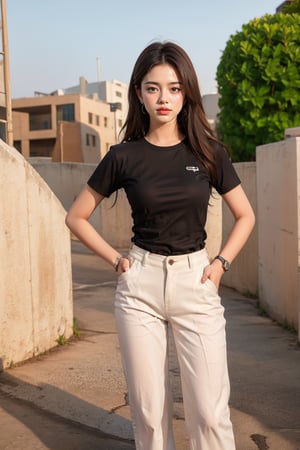 1girl, solo, looking at viewer, long hair, shirt, black hair, standing, short sleeves, female focus, outdoors, sky, day, pants, black shirt, t-shirt, building, watch, realistic, white pants, hands in pockets, wristwatch, photo background