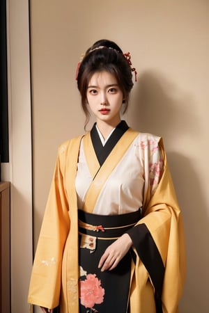 flat illustration of beautiful young Japanese woman weared in traditional Japanese_attire, messy hairstyle, background and drawning in Tim Berton style, close interweaving of realism and symbolism in cyberpunk style, pale neon lighting, dark shadows. aesthetic and beautiful picture, winner of various awards, trending on popular magazines, creative masterpiece, @imageized