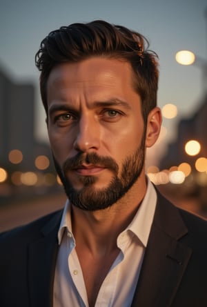 A close-up shot of a confident-looking male model, standing in front of a sleek, modern cityscape at dusk. The warm glow of streetlights casts a flattering light on his chiseled features and piercing blue eyes. His strong jawline and defined cheekbones are highlighted by the golden hour's soft hues. He wears a tailored suit with a crisp white shirt, exuding sophistication and charm.