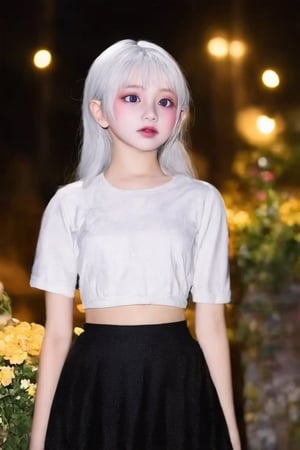 (((score_9, score_8_up, score_7_up, best quality, 4K, 8K, high-resolution, masterpiece, ultra-detailed, realistic, photorealistic, soft light, full-body_portrait))),(((realistic, 1girl, white hair, purple eyes, glowing eyes, crop top, skirt, parted lips, blush, night, flowers, sun, sunlight))),(((high resolution, extremely sharp, ultra-real, extremely detailed, an ultra-realistic photograph captured with a Sony α7 III camera, equipped with an 85mm lens, depicting, The image, taken in high resolution.))) 