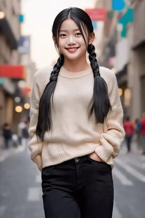 (((score_9, score_8_up, score_7_up, best quality, 4K, 8K, high-resolution, masterpiece, ultra-detailed, realistic, photorealistic))), 
(((1girl, solo, long hair, looking at viewer, smile, black hair, braid, teeth, pants, grin, blurry, sweater, single braid, blurry background, arms behind back, realistic))),(((high resolution, extremely sharp, ultra-real, extremely detailed, an ultra-realistic photograph captured with a Sony α7 III camera, equipped with an 85mm lens, depicting, The image, taken in high resolution.))) 