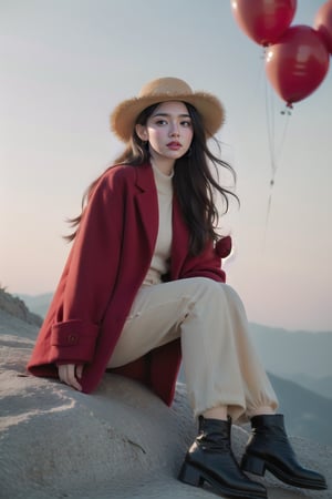 hight quality, realistic, hd, 8 k, beautiful face, araffe woman in red coat and hat sitting on rock with hot air balloons in the background, red fabric coat, red coat, red leather short coat, cool red jacket, full body black and red longcoat, dilraba dilmurat, red jacket, casual clothing style, red clothes, straw hat and overcoat, colorful with red hues