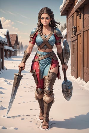 a woman viking  wearing divine  Viking  clothes, she walks in the snow , she holds her hammer in her right hand and her shield in the other hand 