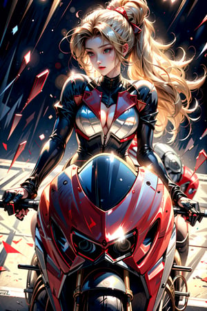 (((masterpiece))), (((best quality))), (((from front view))), (((driving a Ducati Panigale V4 racing bike))), ((( Doing wheelee))), sitting on driving seat, sharp eyes, helmet, red jacket, red uniform, speed lines, electric current, spiral wind, neon lights, dust, spark, shards, 1girl, big tits, blonde twinbun hair, sweat, slim figure, big turn, 
