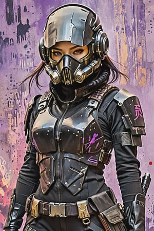 detailed full-length picture, masterpiece, best quality, ultra high resolution, visually stunning, beautiful, award-winning art (abstract art: 1.3), beautiful ))) A FULL-LENGTH OF a japan female "in the style of a cyberpunk anime" is a cyberpunk  rebels anarhist hacker in a worn cyberpunk  helmet, face covered with a visor and breathing mask and a worn cyberpunk black uniform of a  rebels anarhist haker in a worn black cyberpunk bulletproof vest. light violet background, Watercolor, trending on artstation, sharp focus, studio photo, intricate details, highly detailed, by greg rutkowski, more detail XL, hyper detailed, realistic, oil painting, by julie bell, frank frazetta, cinematic lighting