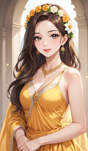 1girl, solo, long hair, looking at viewer, smile, brown hair, hair ornament, dress, bare shoulders, brown eyes, jewelry, upper body, flower, earrings, hair flower, lips, window, dress, lips, head wreath