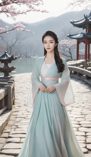 qinxuan flower,1girl\(Eyes\(Deep amber,crystal clear,long and delicate eyelashes\),Nose\(Elevated,with a slightly upturned nose tip\),Lips\(Rosy color, with a defined lip line\),Hairstyle\(Black hair,smooth and shiny,slightly wavy at the ends\),Skin\(Fair,blemish-free,as delicate as porcelain\),Clothing,hanfu,pink,a thin belt at the waist,a flowery skirt with a wide hem\),Fabric\(Lightweight silk,smooth and shiny\),Craftsmanship\(Exquisite, with clean-cut lines on the neckline, sleeves, waist, and skirt hem, and well-designed layered pleats\),Posture\(Straight back,walking confidently and gracefully,light and graceful gait\),walking on the stone path,face to viewer,look at viewer,floating hair,outdoor,(upper body))
dfsy,Background\snow,chinese landscape\(pagoda and trees,lake,traditional pavilion,chinese architecture,architecture,building,bridge\),sky,forest,lake\),
masterpiece,best quality,unreal engine 5 rendering,movie light,movie lens,movie special effects,detailed details,HDR,UHD,8K,CG wallpaper