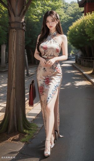 1girl, bag, breasts, brown hair, bush, china dress, chinese clothes, cosplay photo, day, dress, huge breast, floral print, handbag, high heels, lips, long hair, looking at viewer, outdoors, road, shoes, shoes removed, shoulder bag, sleeveless dress, solo, standing, street, tree, 