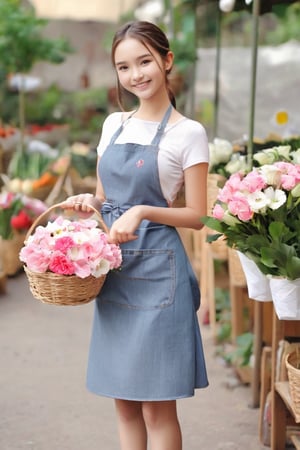 1girl, solo, dress, jeans, sports bra, flower, apron, white flower, pink flower, bouquet, realistic, smile, full body, head to toe in frame, basket