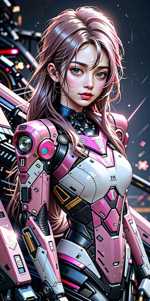 Best picture quality, high resolution, 8k, realistic, sharp focus, realistic image of elegant lady, Korean beauty, fashion model, beautiful face, cute, futuristic head gear, futuristic AI VR glasses, happy smile, pure white pink hair, blue eyes, wearing high-tech cyberpunk style red Batgirl suit, radiant Glow, sparkling suit, mecha, perfectly customized high-tech suit, fire theme, custom design, 1 girl,swordup, looking at viewer,alluring_lolita_girl