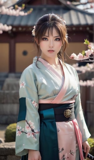 A stunning cosplayer dressed as a Japanese warrior, standing proudly with a traditional katana in hand. Framed against a serene background of cherry blossoms or ancient temple ruins, her determined expression and poised stance evoke the spirit of samurai legend. Softly lit from above, her eyes gleam like polished jade, while the gentle rustle of her armor and flowing kimono adds texture to the scene.,score_9,score_5_up,score_4_up,imageized,score_8_up,Pony,BREAK,Olivia,score_6_up,score_7_up,,Realistic