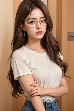 1girl, solo, long hair, looking at viewer, brown hair, shirt, white shirt, upper body, short sleeves, parted lips, glasses, hand up, signature, lips, red lips