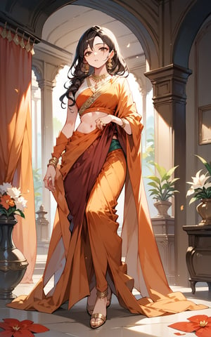 score_9,score_8_up,score_7_up, 1girl, solo, long hair, looking at viewer, brown hair, black hair, dress,Sari, brown eyes, jewelry, standing, full body, flower, earrings, parted lips, midriff, indoors, necklace, petals, ring, curtains, random colors sari , vase