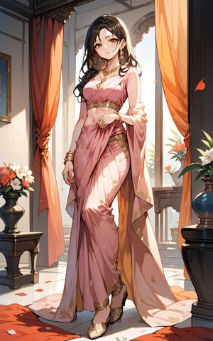 score_9,score_8_up,score_7_up, 1girl, solo, long hair, looking at viewer, brown hair, black hair, dress,Sari, brown eyes, jewelry, standing, full body, flower, earrings, parted lips, midriff, indoors, necklace, petals, ring, curtains, pink sari , vase