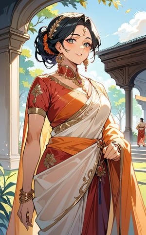 score_9,score_8_up,score_7_up, A striking portrait of an alluring, chubby Indian woman adorned in an intricately designed sari, walking amidst a lush, verdant landscape. The long, cascading ponytail frames her beautiful, black hair, and her ears glisten with exquisite, art nouveau-inspired earrings. The overall composition offers a marriage of realism and detailed craftsmanship, emphasizing the fashionable elegance of the subject while capturing the essence of traditional Indian beauty.