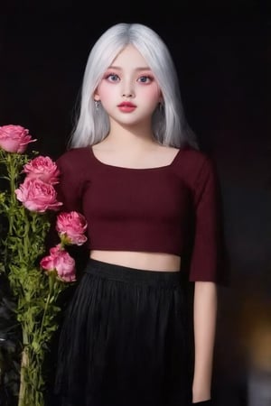 (((score_9, score_8_up, score_7_up, best quality, 4K, 8K, high-resolution, masterpiece, ultra-detailed, realistic, photorealistic, soft light, full-body_portrait))),(((realistic, 1girl, white hair, purple eyes, glowing eyes, crop top, skirt, parted lips, blush, night, flowers, sun, sunlight))),(((high resolution, extremely sharp, ultra-real, extremely detailed, an ultra-realistic photograph captured with a Sony α7 III camera, equipped with an 85mm lens, depicting, The image, taken in high resolution.))) 