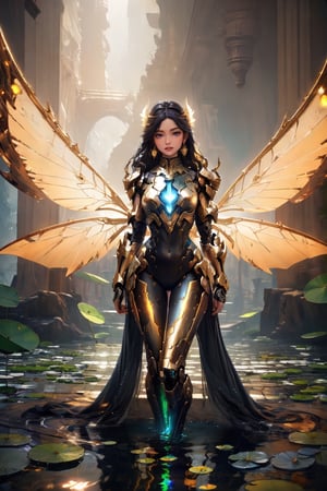 (masterpiece, best quality:1.2),1 woman, solo, long hair, black hair, gold hair, Blue eyes, jewellery, sitting, closed mouth, flower, earrings, wings, artist name, water, armour, lips, bodysuit, glowing, looking away, nose, fairy wings, green colour mechanical wings, standing pose, standing on the water,   lily pad, lotus, spread wings, mecha musume, Masterpiece, colours, 3d octane render, 4k, concept art, trending on artstation, hyperrealistic, Vivid colours, extremely detailed,(front light:1.5)unity 8k wallpaper, trending on ArtStation, trending on CGSociety, Intricate, High Detail, dramatic,(super detailed), (beautiful background, detailed background),