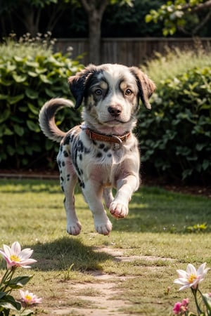 Hyperrealistic photo, very close-up of a beautiful and tender Dalmatian puppy, he is in a garden playing, jumping. A garden with short, very green grass. Many small, colorful flowers. It's daytime, the light is natural. The light creates a contrast of shadows on the animal. Beautiful scene, ultra detailed, hyperrealistic, colorful, distant.