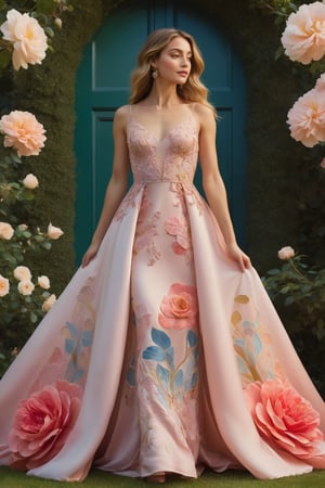 In an Art Nouveau-inspired setting, a young woman in an elegant dress, adorned with flowing floral motifs, tenderly plants a blooming rose tree in her enchanting, abstract backyard filled with whimsical, intertwining flora and fauna. The tree's vibrant petals emit kaleidoscopic hues, symbolizing growth, hope, and transformation.