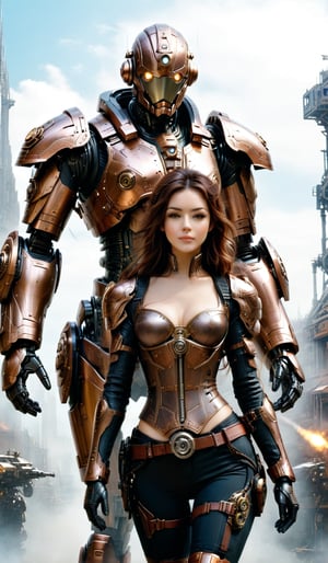 a steampunk mecha pilot standing on the shoulder of her mecha | I can't believe how beautiful this is --stylize 300 --ar 1:2