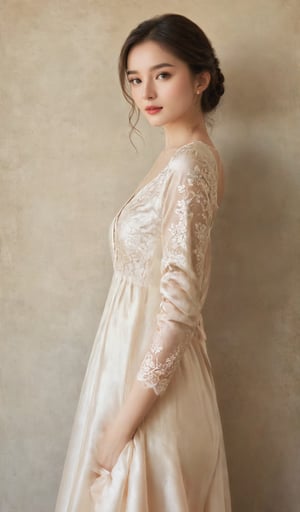 A stunningly beautiful girl, dressed in refined European clothing, is depicted in the height of summer's glow. Embrace the warmth and sophistication with a realistic and detailed composition, immersing the viewer in the exquisite textures of silk, satin, and lace, as they capture the timeless elegance of this enchanting moment.