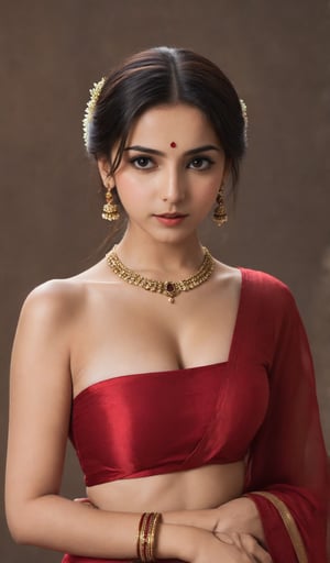 score_9,score_8_up,score_7_up, 1girl, solo, breasts, looking at viewer, brown hair, black hair, hair ornament, dress, sari, cleavage, brown eyes, jewelry, medium breasts, collarbone, upper body, earrings, necklace, hair bun, lips, makeup, red sari, single hair bun, gem