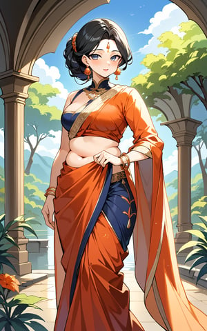 A striking portrait of an alluring, chubby Indian woman adorned in an intricately designed sari, walking amidst a lush, verdant landscape. The long, cascading ponytail frames her beautiful, black hair, and her ears glisten with exquisite, art nouveau-inspired earrings. The overall composition offers a marriage of realism and detailed craftsmanship, emphasizing the fashionable elegance of the subject while capturing the essence of traditional Indian beauty.