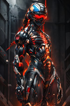 (best quality, ultra-detailed, best illustration, best shadow, masterpiece, high res, professional artwork, famous artwork), man in a (white,blue, bulky colored carbon fiber nanosuit), long floating samurai white ponytail,nanosuit brutul helmet in the shape of skull,futuristic galss visor,red glowing liquid cooling   tubes connected to helmet,black background,angry brows  