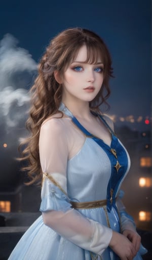 Veronika-inspired cosplayer posed against a dark, misty backdrop, donning a striking costume that mirrors the anime character's iconic attire. The model's long, curly brown hair cascades down her back as she gazes wistfully into the distance, her pale blue eyes gleaming with an air of mystery. Soft, ethereal lighting casts a warm glow on her porcelain skin, while the subtle misting effect adds depth and atmosphere to the scene.