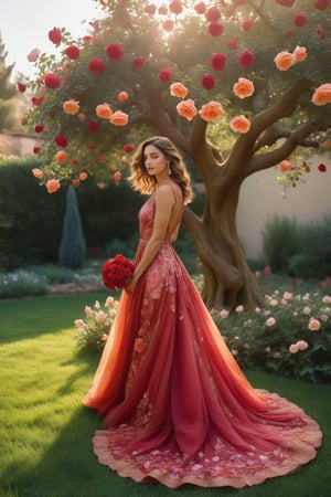 In an Art Nouveau-inspired setting, a young woman in an elegant dress, adorned with flowing floral motifs, tenderly plants a blooming rose tree in her enchanting, abstract backyard filled with whimsical, intertwining flora and fauna. The tree's vibrant petals emit kaleidoscopic hues, symbolizing growth, hope, and transformation.