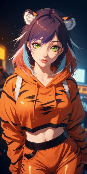 (masterpiece, high quality, 8K, high_res:1.5), 
brilliant merge cartoon drawning style and photorealism, hand-drawn fashion photography,
portrait of an incredibly beautiful woman, (((tiger color hair))), golden green eyes,
clothing \orange oversized hoodie with black ornament, black leather pants\,
art studio background, neon lighting enviroment, sensual and elegant,
unexpectable camera angle, model pose, trending on teenagers magazines and social media.
,fflixmj6