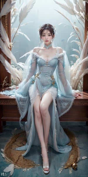 masterpiece, top quality, (arafed woman in a blue dress sitting on the floor that full of white feathers, ethereal beauty, wearing a feather dress, ethereal fantasy, xianxia fantasy, ethereal fairytale, dress made of feathers, blue feathers, incredibly ethereal, soft feather, fantasy beautiful, full body made of white feathers, jingna zhang, white feathers, chinese fantasy, a stunning young ethereal figure), extreme detailed, (abstract, fractal art:1.3), isometric, highest detailed, (feather), ghost.,1 girl,realhands