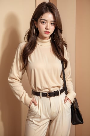 1girl, solo, long hair, looking at viewer, brown hair, long sleeves, white background, jewelry, standing, cowboy shot, earrings, parted lips, belt, pants, bag, sweater, lips, turtleneck, hoop earrings, hands in pockets, red lips, brown belt, white sweater