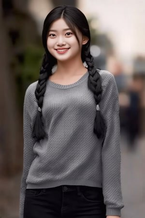 (((score_9, score_8_up, score_7_up, best quality, 4K, 8K, high-resolution, masterpiece, ultra-detailed, realistic, photorealistic))), 
(((1girl, solo, long hair, looking at viewer, smile, black hair, braid, teeth, pants, grin, blurry, sweater, single braid, blurry background, arms behind back, realistic))),(((high resolution, extremely sharp, ultra-real, extremely detailed, an ultra-realistic photograph captured with a Sony α7 III camera, equipped with an 85mm lens, depicting, The image, taken in high resolution.))) 