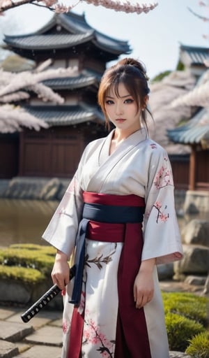 A stunning cosplayer dressed as a Japanese warrior, standing proudly with a traditional katana in hand. Framed against a serene background of cherry blossoms or ancient temple ruins, her determined expression and poised stance evoke the spirit of samurai legend. Softly lit from above, her eyes gleam like polished jade, while the gentle rustle of her armor and flowing kimono adds texture to the scene.,score_9,score_5_up,score_4_up,imageized,score_8_up,Pony,BREAK,Olivia,score_6_up,score_7_up,,Realistic