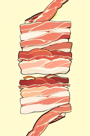 high quality, cartoon, two spread bacon, bacon, yellow background, overhead shot, vertical shot
