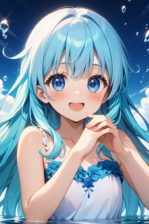 masterpiece, best quality, extremely detailed, (illustration, official art:1.1), 1 girl ,(((( light blue long hair)))), ,(((( light blue long hair)))),light blue hair, , long hair ((blush)) , cute face, big eyes, masterpiece, best quality,(((((a very delicate and beautiful girl))))),Amazing,beautiful detailed eyes,blunt bangs((((little delicate girl)))),tareme(true beautiful:1.2), sense of depth,dynamic angle,,,, affectionate smile, (true beautiful:1.2),,(tiny 1girl model:1.2),)(flat chest), Highest quality, masterpiece, Ultra-high resolution, 8k,
Show anime style , 1 girl, Soft Line Art, Digital Enhancement, shojo anime touch, shojo manga core, Flowing fabric, close, Soft Drawing, Ultra High Definition Digital Anime Art, Clear facial depiction, Highly detailed girl manga character art, Ultra-detailed manga style, Highest qualityの色,
Wet Hair(((Best open mouth smile))),wave hands,
Summer sky,Midsummer,Playing in the water with friends on the beach,Splashing water on each other,Splattering splashes,Get excited,One piece swimsuit,((Smiling with teeth showing)),Half submerged in the sea,,Angle from the front,(((Face close up))),Anatomically correct hand