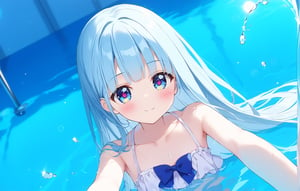 masterpiece, best quality, extremely detailed, (illustration, official art:1.1), 1 girl ,(((( light blue long hair)))), ,(((( light blue long hair)))),light blue hair, , long hair ((blush)) , cute face, big eyes, masterpiece, best quality,(((((a very delicate and beautiful girl))))),Amazing,beautiful detailed eyes,blunt bangs((((little delicate girl)))),tareme(true beautiful:1.2), sense of depth,dynamic angle,,,, affectionate smile, (true beautiful:1.2),,(tiny 1girl model:1.2),)(flat chest), masterpiece, Highest quality, Highly detailed CG Unity 8K wallpapers, Girl Anime Illustration. Please wear a small swimsuit.., Open your arms, Her eyes and mouth are open, smile. twins, Bokeh Photo, (Soft Focus):1.2, Out of focus highlights, Dreamy atmosphere, Splash, Fascinating Depth, The background is a realistic night pool,Low - Angle,As if capturing the whole body,hetero