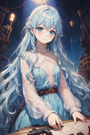 masterpiece, best quality, extremely detailed, (illustration, official art:1.1), 1 girl ,(((( light blue long hair)))), ,(((( light blue long hair)))),light blue hair, , long hair ((blush)) , cute face, masterpiece, best quality,(((((a very delicate and beautiful girl))))),Amazing,beautiful detailed eyes,blunt bangs((((little delicate girl)))),(((tareme))),droopy eyes.(true beautiful:1.2), sense of depth,dynamic angle,,,, affectionate smile, (true beautiful:1.2),,(tiny 1girl model:1.2),)(flat chest),One girl、Dynamic configuration、[17277fbe68],He threatened Hideo.、high quality、Maximum details、(((最high quality、最高masterpiece、Official Art、最高のDynamic configuration)))、、(Tabletop, 最high quality), Very detailed, Anime Style, Concept Art、whole body, (masterpiece), 最high quality, Fantasy art,whole body、masterpiece、最high quality、(colorful)、（Beautifully detailed eyes and face）、Cinema Lighting、Extremely detailed CG、Super huge、whole body、wallpaper、Dress with weapons in Wonderland, (((Everybody wears red ))), Ammunition belt, gun, machine gun, gatling gun, hand gun,weapons,Barren Land、White Background、