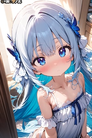 masterpiece, best quality, extremely detailed, (illustration, official art:1.1), 1 girl ,(((( light blue long hair)))), ,(((( light blue long hair)))),light blue hair, , long hair ((blush)) , cute face, big eyes, masterpiece, best quality,(((((a very delicate and beautiful girl))))),Amazing,beautiful detailed eyes,blunt bangs((((little delicate girl)))),tareme(true beautiful:1.2), sense of depth,dynamic angle,,,(((tareme))), (true beautiful:1.2),,(tiny 1girl model:1.2)(flat chest) 、Fluffy bunny ears, one cute girl, light blue hair and eyes, cute room